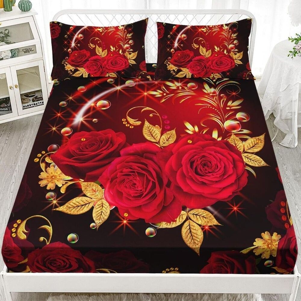 AILONEN Red Rose Fitted Sheet Set Twin Size, Red and Gold Floral Bed Sheet Set
